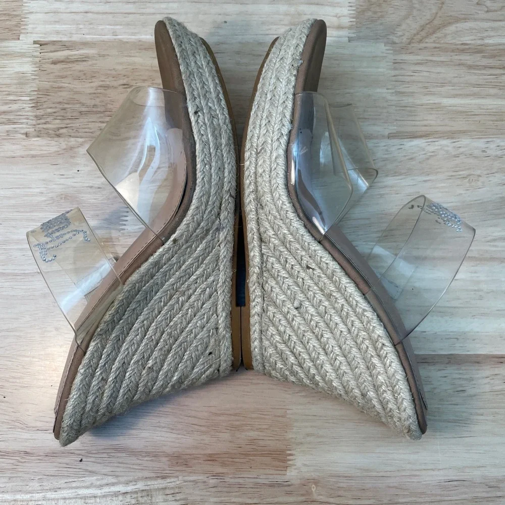 Juicy Couture Cristene Clear Rhinestone‎ Logo Espadrille Wedge Sandals Tan 9.5